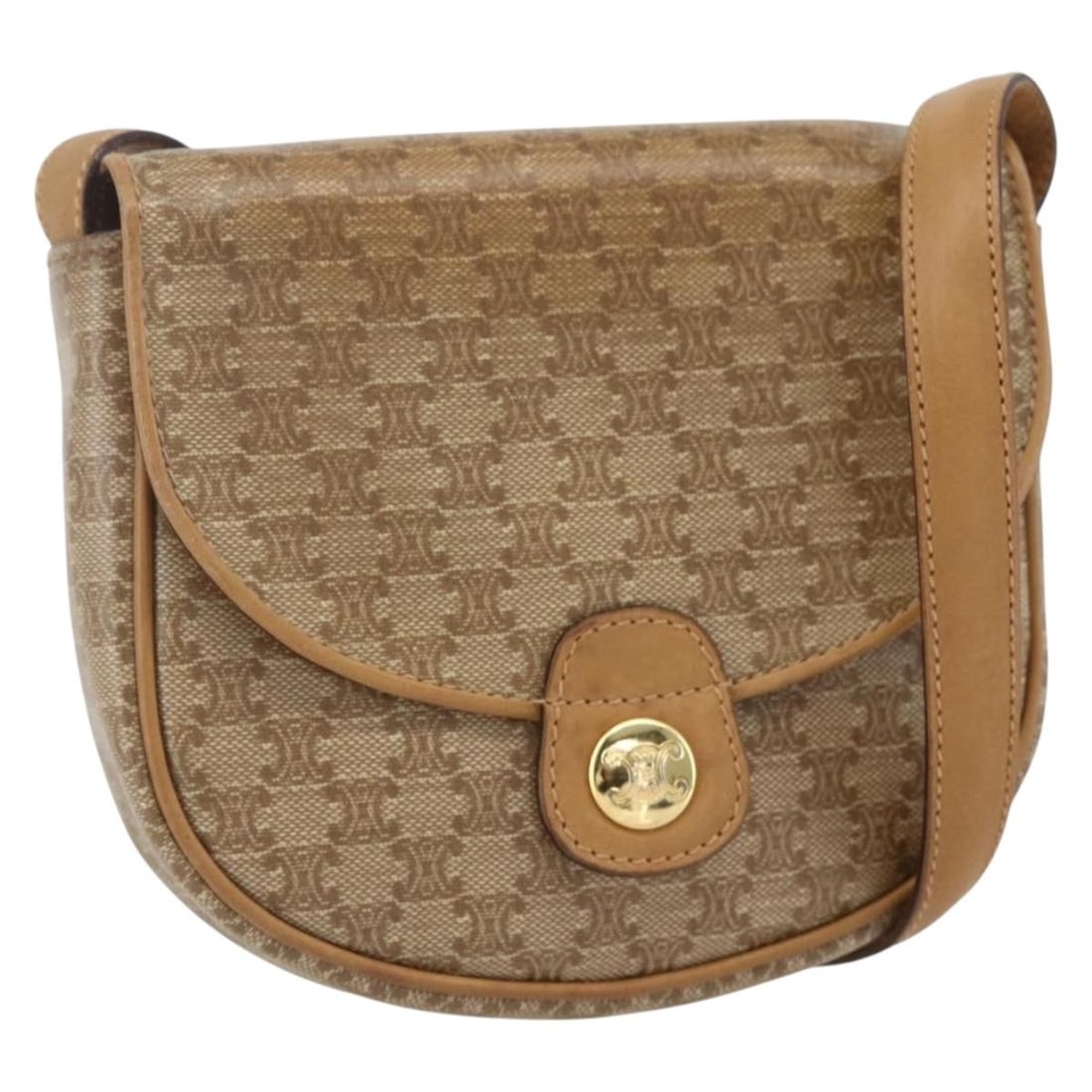 Celine Beige Macadam Canvas and PVC Leather Shoulder Bag Gold Tone: Celine Beige Macadam Canvas and PVC Leather Shoulder Bag Gold Tone This CELINE shoulder bag features the signature Macadam canvas combined with PVC leather in beige and gold tones. Made in Italy, the