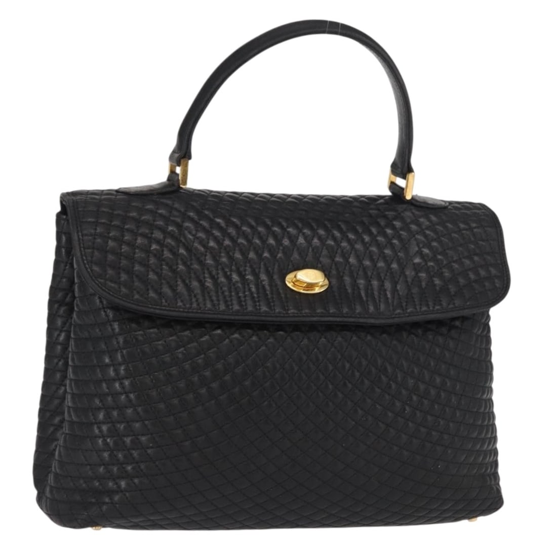 Black Leather Bally Handbag with Gold Accents Made in Italy: Black Leather Bally Handbag with Gold Accents Made in Italy This Bally hand bag features a black and gold leather exterior. The bag is made in Italy and includes a single handle with a drop of approxi