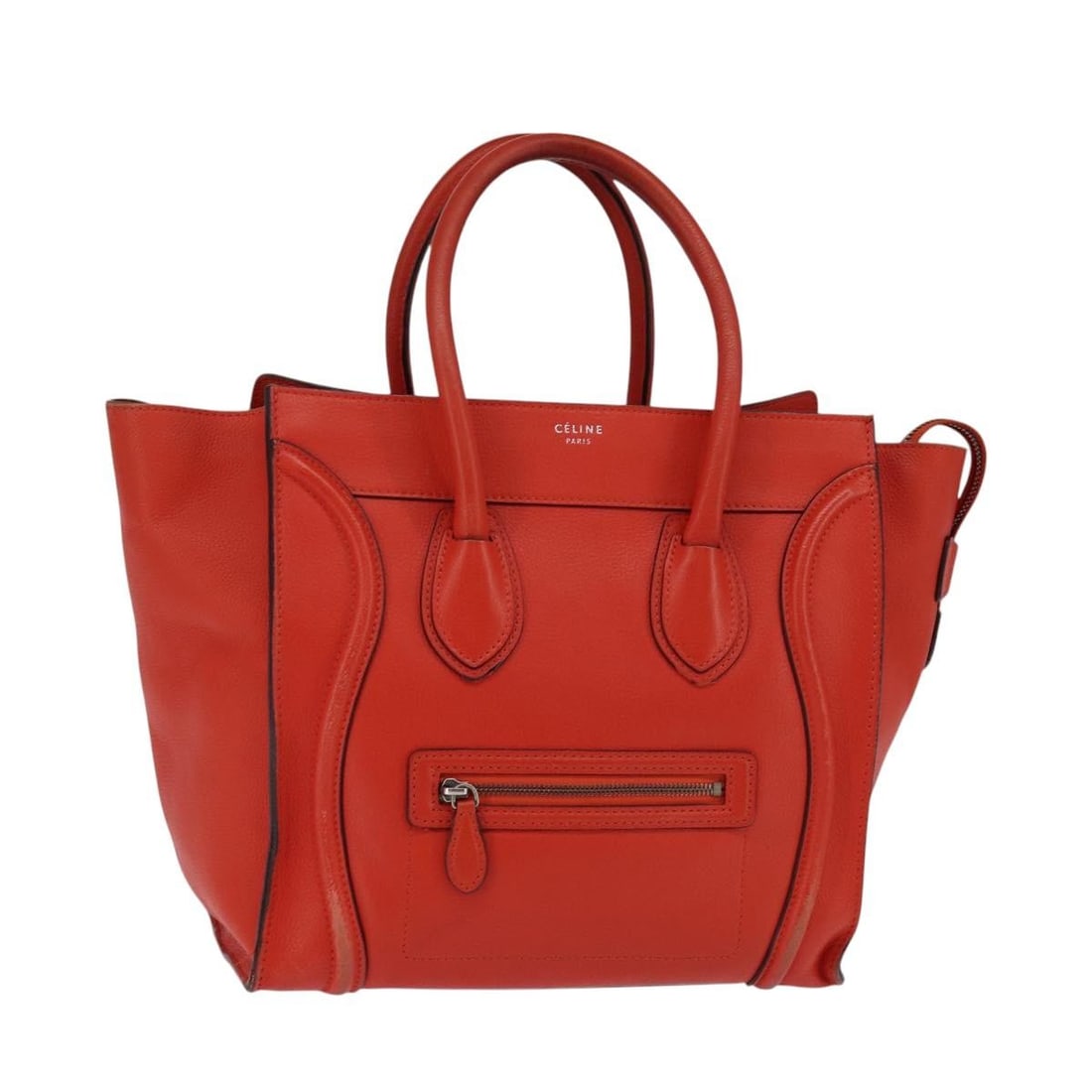 CELINE Leather Luggage Hand Bag Orange Silver 2-Way Italy Auth: CELINE Leather Luggage Hand Bag Orange Silver 2-Way Italy Auth This authentic CELINE Luggage Hand Bag is crafted from high-quality leather and showcases a striking orange and silver exterior. Designed