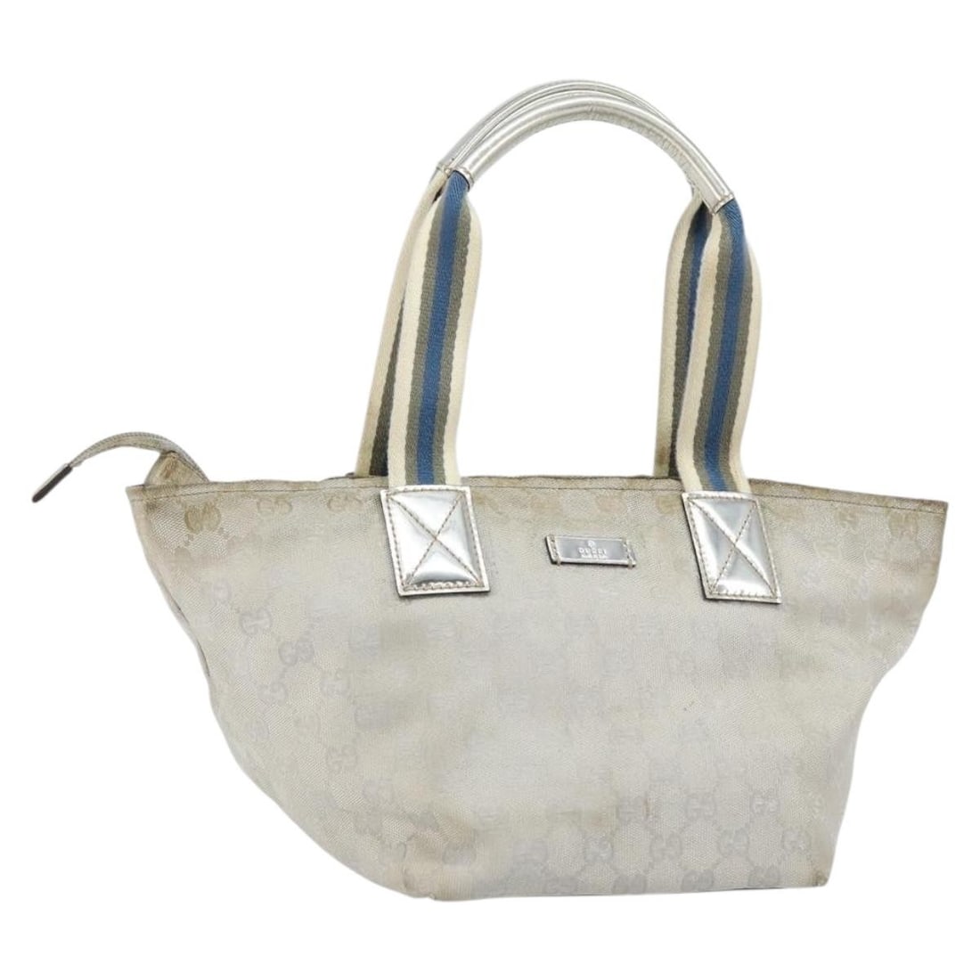 GUCCI GG Canvas Sherry Line Silver Tote Bag 131228 Auth: GUCCI GG Canvas Sherry Line Silver Tote Bag 131228 Auth This authentic GUCCI GG Canvas Sherry Line Tote Bag is a stylish accessory crafted in Italy. Made from durable GG canvas, the exterior showcases