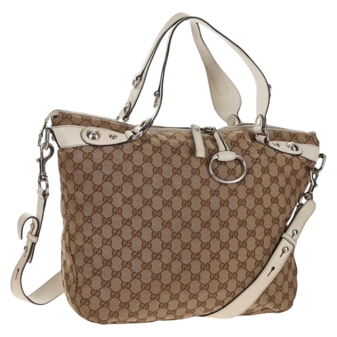 GUCCI GG Canvas 2-Way Hand Bag Beige White Italy Auth: GUCCI GG Canvas 2-Way Hand Bag Beige White Italy Auth This authentic GUCCI GG Canvas Hand Bag is a stylish accessory crafted in Italy. With a chic beige and white color scheme, it features a durable c