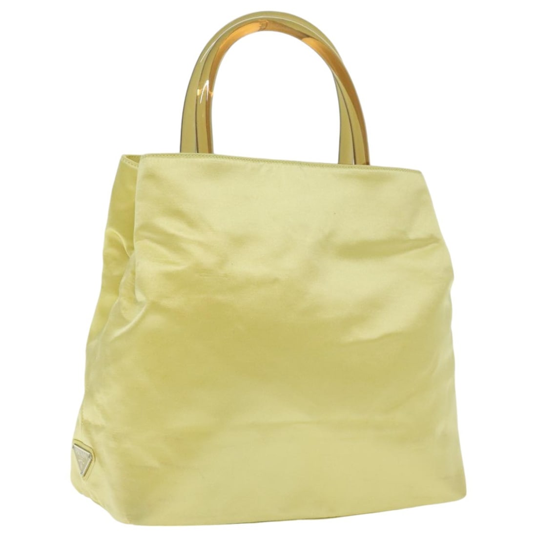 PRADA Yellow Silver Satin Hand Bag Made in Italy Auth 94612: PRADA Yellow Silver Satin Hand Bag Made in Italy Auth 94612 This PRADA Hand Bag, crafted in Italy, showcases a striking yellow satin exterior complemented by silver accents. Designed for both style an