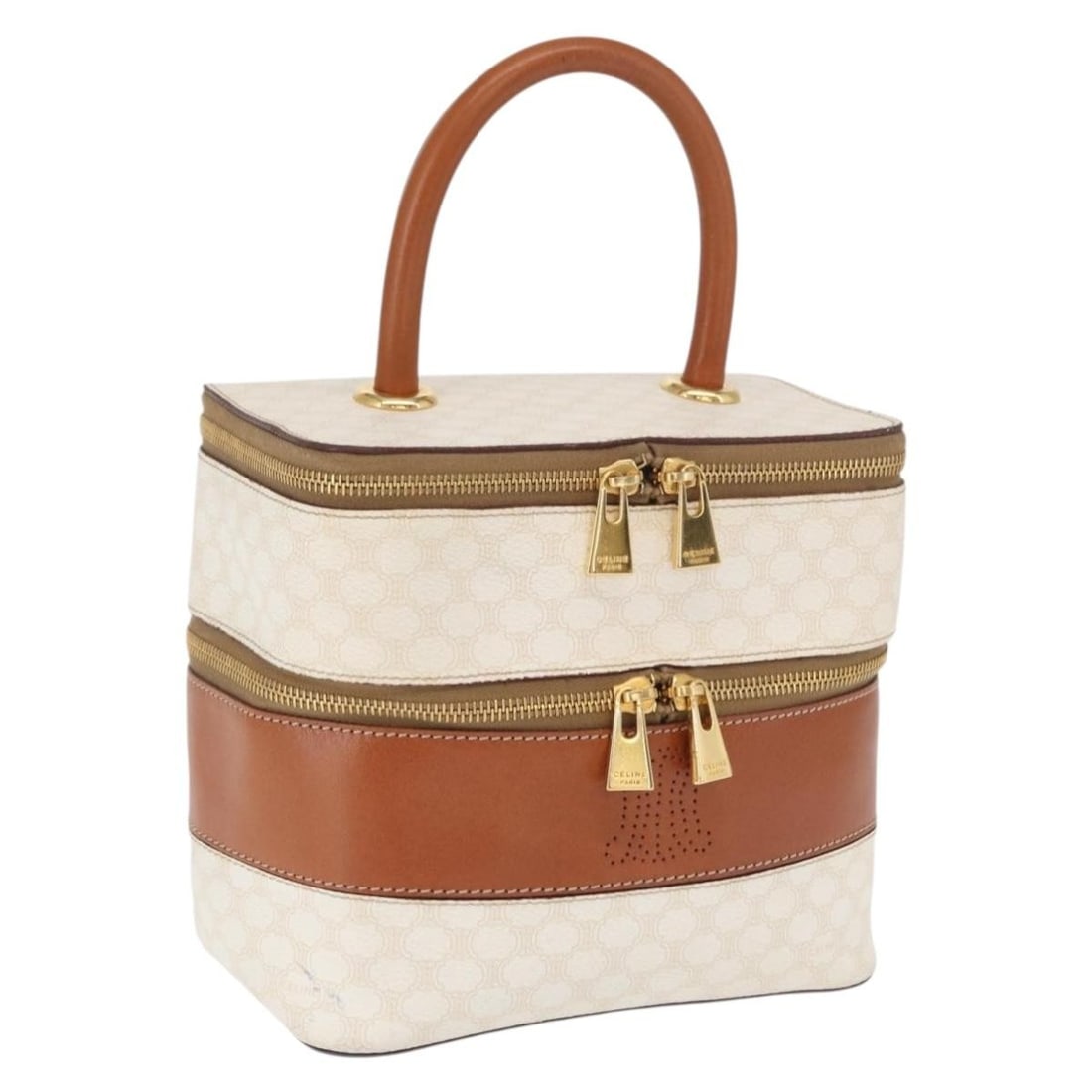 Celine White Macadam Canvas Vanity Handbag in PVC Leather with Gold Details: Celine White Macadam Canvas Vanity Handbag in PVC Leather with Gold Details This CELINE Macadam Canvas vanity handbag features a white and gold PVC leather exterior with the signature Macadam canvas p