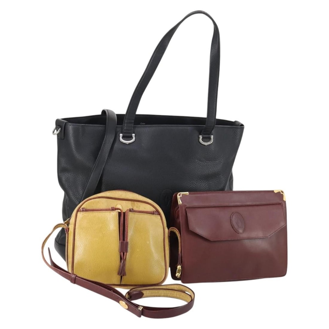 CARTIER Must Line Leather Clutch Bag Set Bordeaux Black Beige Auth: CARTIER Must Line Leather Clutch Bag Set Bordeaux Black Beige Auth Introducing the CARTIER Must Line Clutch Bag Set, a luxurious ensemble featuring three elegant bags in a sophisticated Bordeaux, Blac