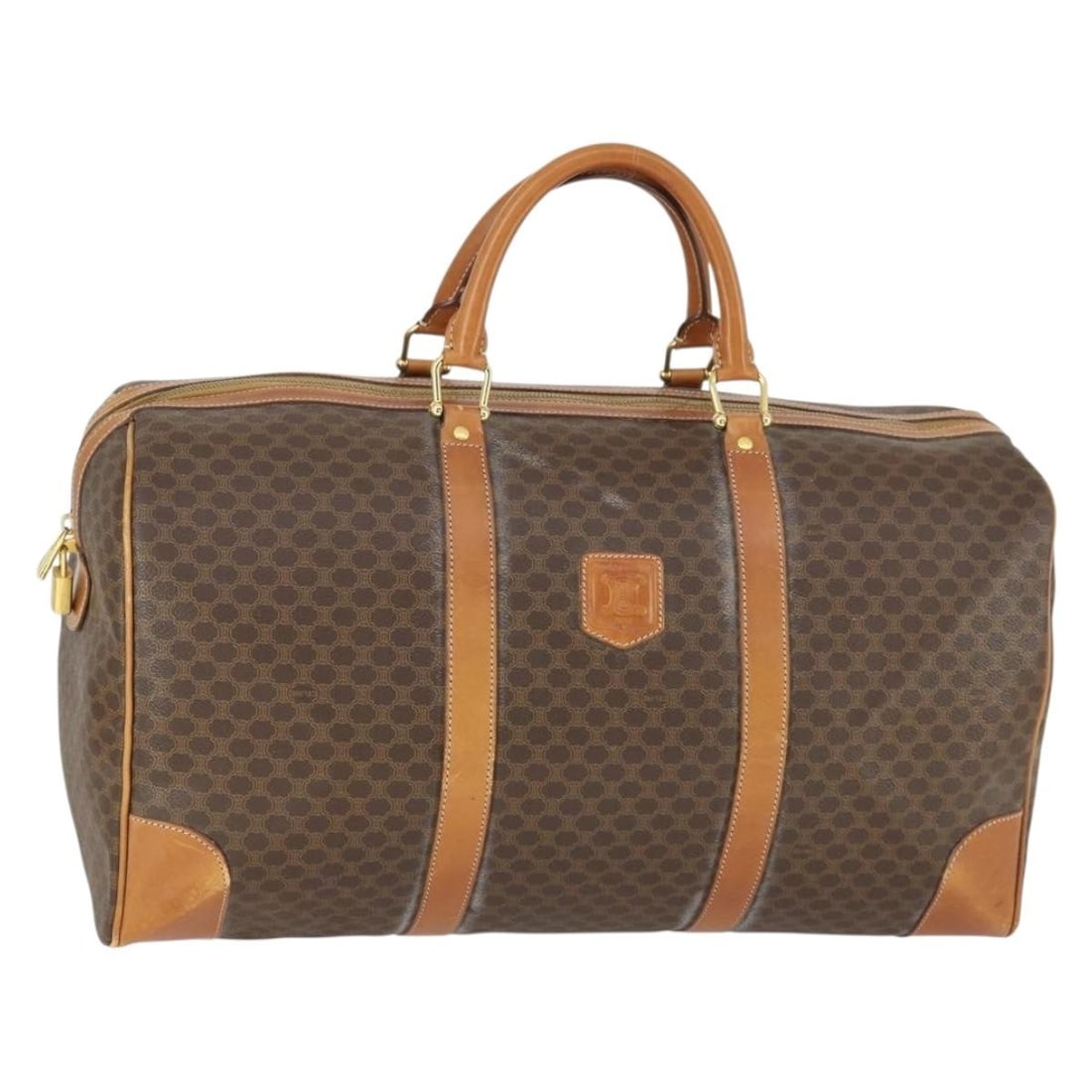 Celine Boston Bag Macadam Canvas and PVC Leather Brown Gold with Padlock: Celine Boston Bag Macadam Canvas and PVC Leather Brown Gold with Padlock This is a CELINE Boston bag crafted from PVC leather and Macadam canvas in a brown and gold color scheme. The bag features dual