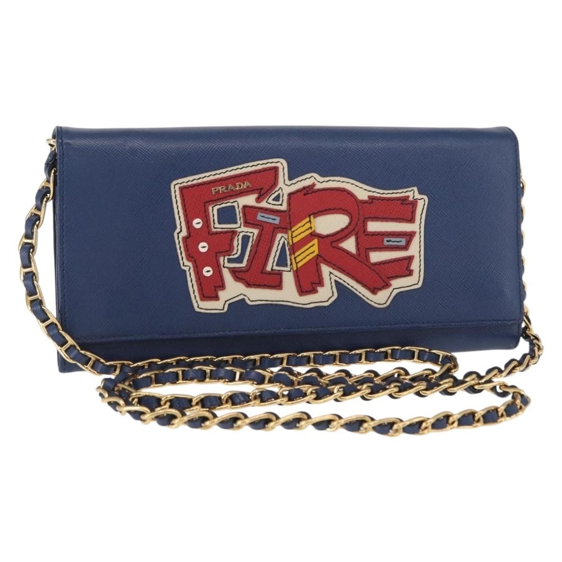 PRADA Blue Gold Safiano Leather Chain Shoulder Wallet Auth: PRADA Blue Gold Safiano Leather Chain Shoulder Wallet Auth This authentic PRADA Chain Shoulder Wallet is crafted from premium Saffiano leather in a striking blue and gold color combination. Designed a