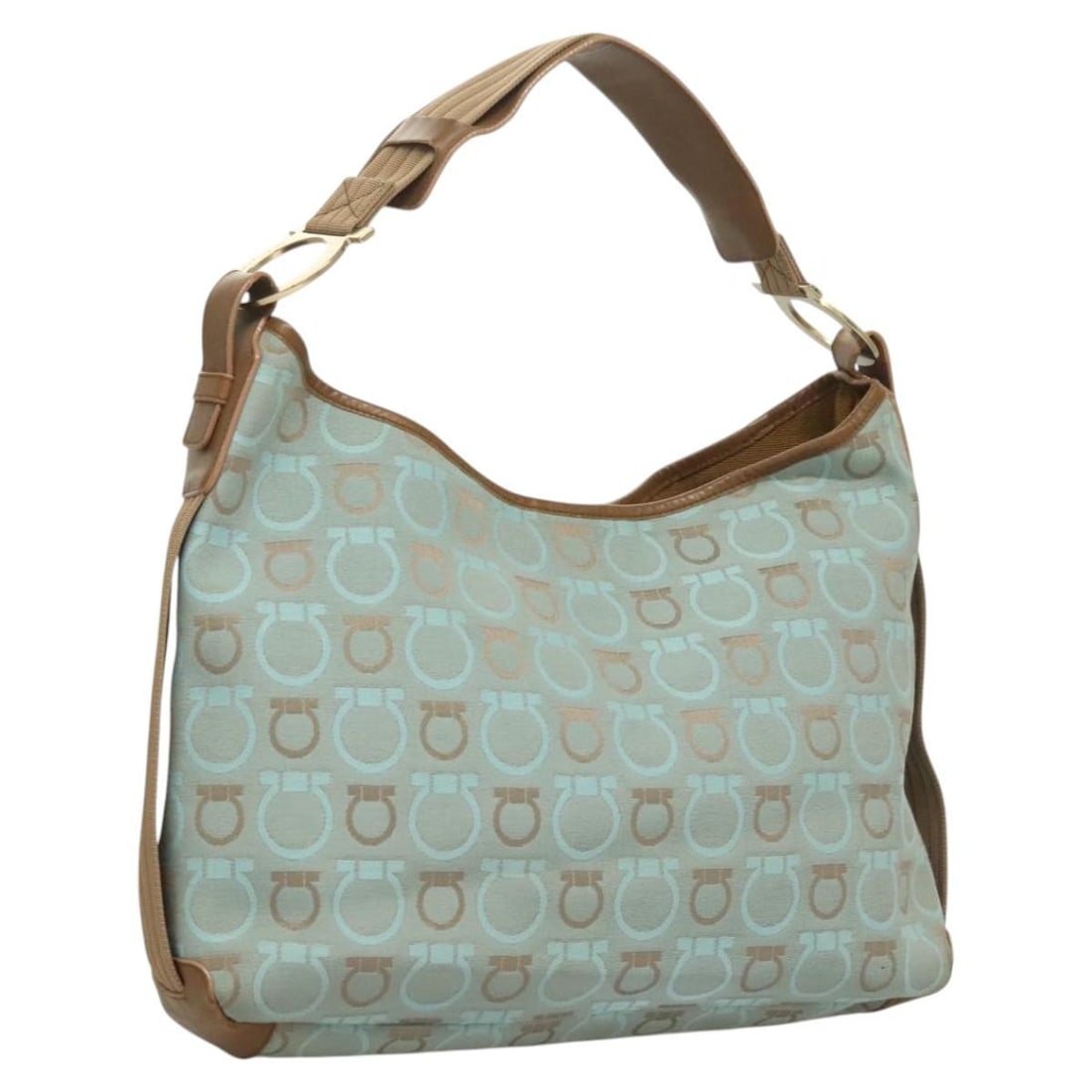 Salvatore Ferragamo Gancini Light Blue Gold Canvas Shoulder Bag Auth Italy: Salvatore Ferragamo Gancini Light Blue Gold Canvas Shoulder Bag Auth Italy This stylish Salvatore Ferragamo Gancini Shoulder Bag is expertly crafted in Italy from high-quality canvas, showcasing a bea