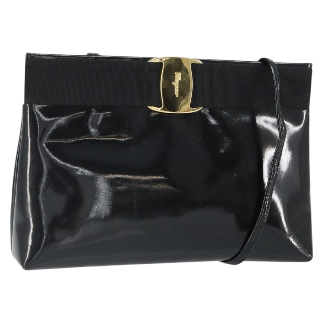 Black Patent Leather Salvatore Ferragamo Vala Shoulder Bag with Gold Accents (1 of 18)