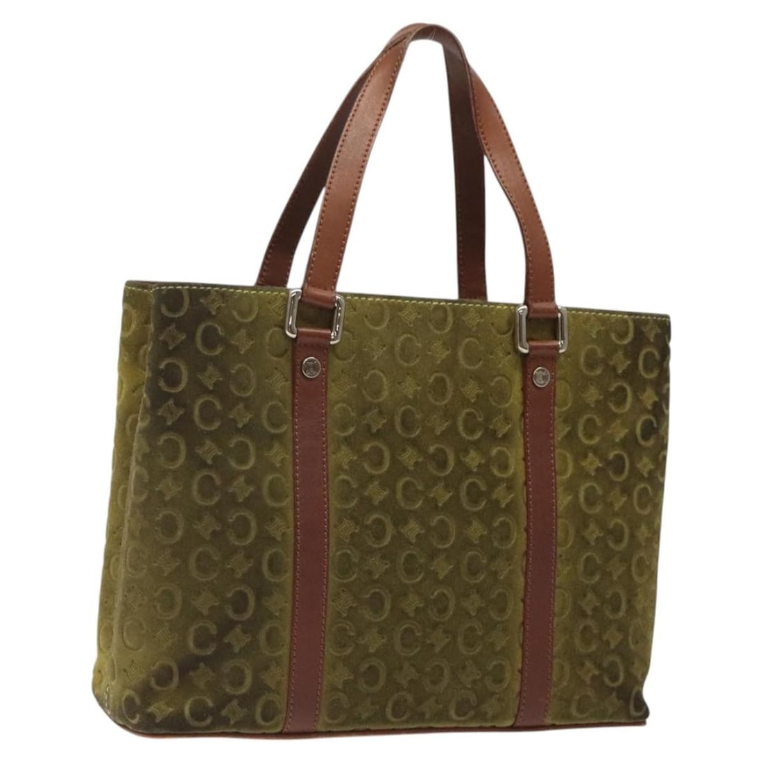 CELINE C Macadam Suede Hand Bag Green Gold Made in Italy: CELINE C Macadam Suede Hand Bag Green Gold Made in Italy Elevate your accessory collection with this authentic CELINE C Macadam Canvas Hand Bag. Made in Italy, this stylish handbag features a luxuriou