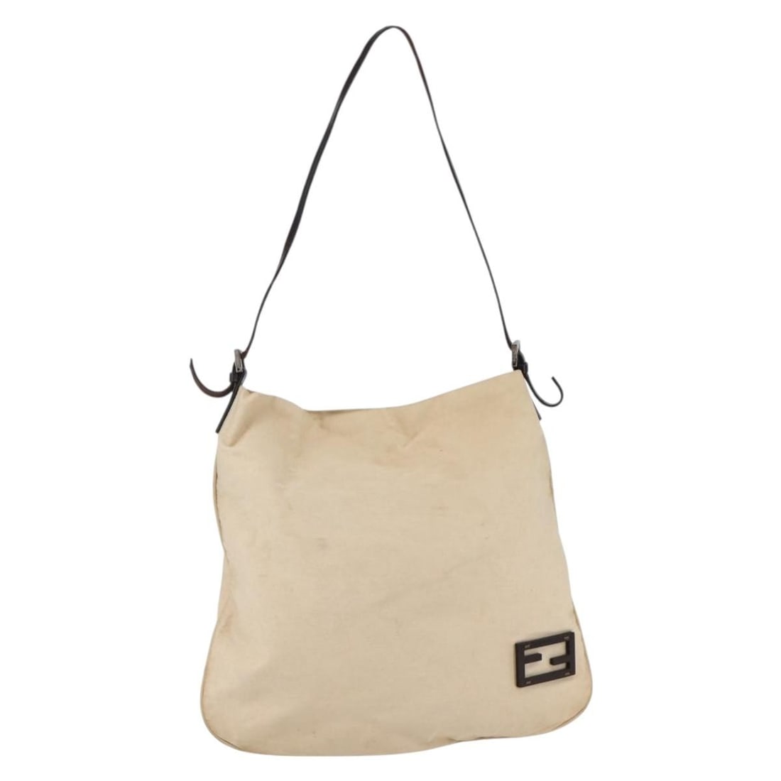 FENDI Beige Canvas Shoulder Bag with Silver Accents Auth MR1514: FENDI Beige Canvas Shoulder Bag with Silver Accents Auth MR1514 This FENDI Shoulder Bag combines a chic design with practical functionality. Crafted in Italy from durable canvas, it features an elegan