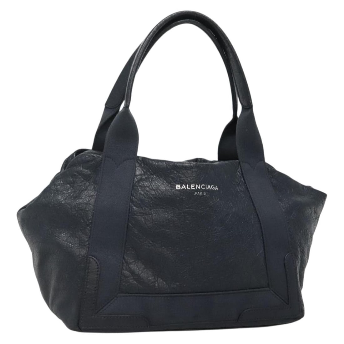 Balenciaga Navy Kabas Leather Tote Handbag with Silver Accents: Balenciaga Navy Kabas Leather Tote Handbag with Silver Accents This Balenciaga Navy Kabas handbag is crafted from navy and silver leather and was made in Italy. The bag features dual handles and a spa