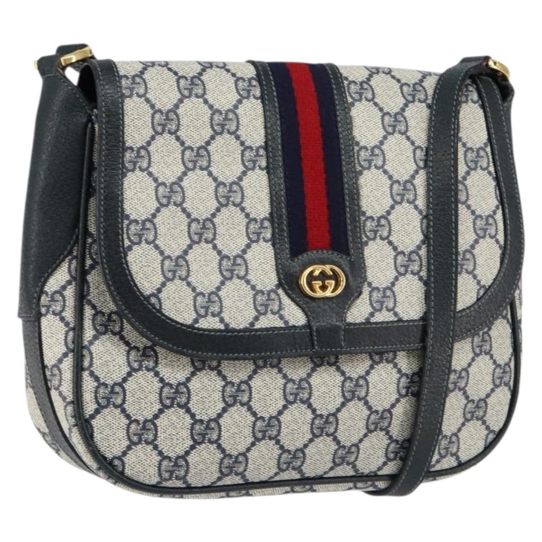 Navy GG Supreme Sherry Line Shoulder Bag by Gucci Model 001 115 0914: Navy GG Supreme Sherry Line Shoulder Bag by Gucci Model 001 115 0914 This GUCCI GG Supreme Sherry Line shoulder bag features a navy and gold color scheme with PVC leather and GG canvas exterior. The b