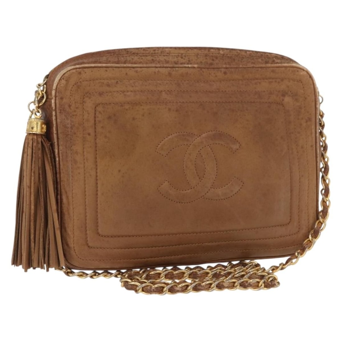 Chanel Brown Leather Chain Shoulder Bag with Gold CC Logo: Chanel Brown Leather Chain Shoulder Bag with Gold CC Logo This CHANEL shoulder bag features brown leather with gold-tone accents and the iconic CC logo. Made in Italy, it offers a classic and elegant