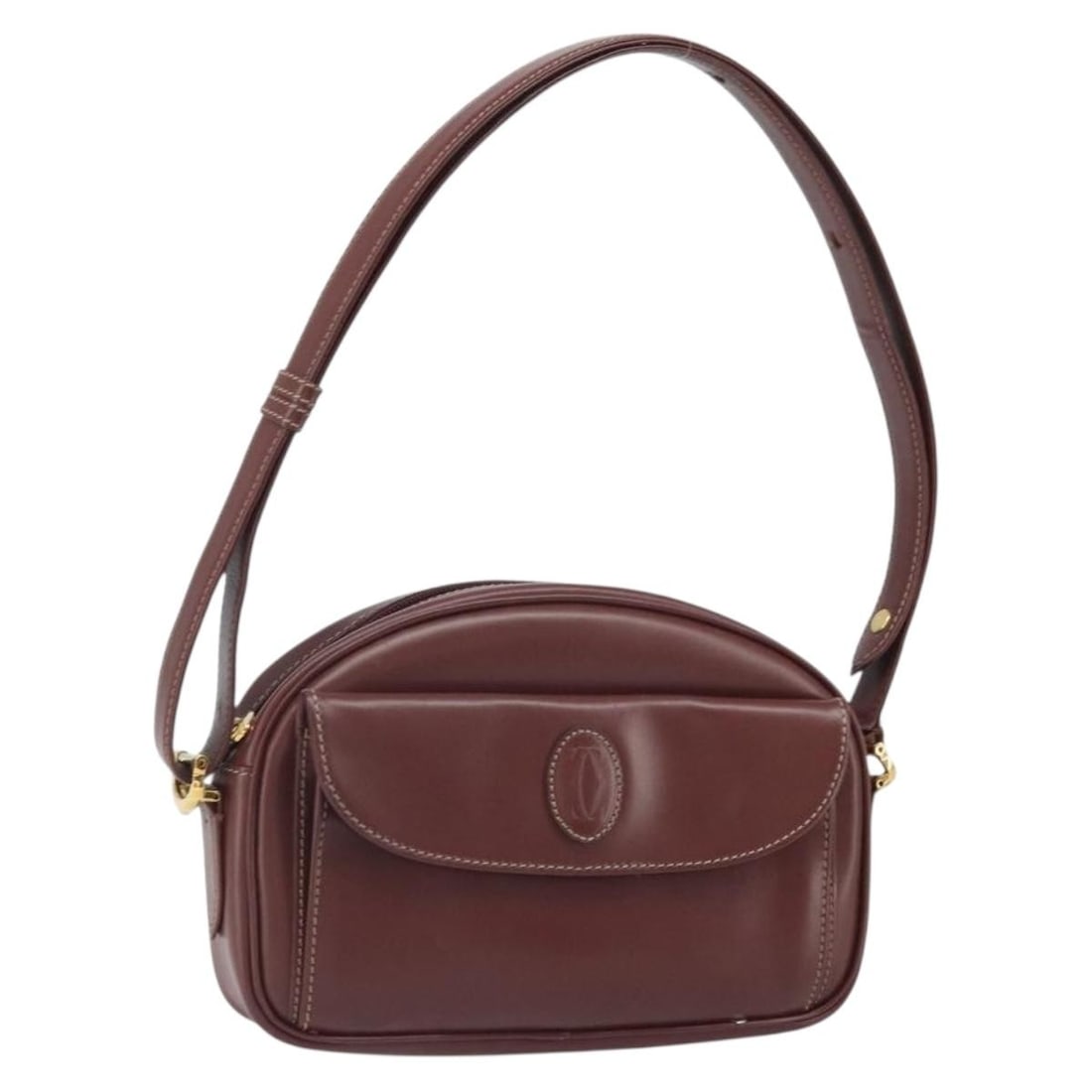 Cartier Must Line Bordeaux Leather Shoulder Bag Gold Tone France: Cartier Must Line Bordeaux Leather Shoulder Bag Gold Tone France This is a Cartier Must Line shoulder bag crafted from leather in a Bordeaux color with gold-tone accents. The bag features an adjustabl