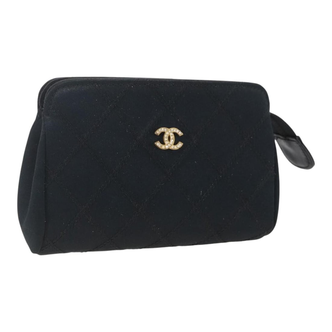 Chanel Satin Black and Gold Pouch with CC Logo Accent: Chanel Satin Black and Gold Pouch with CC Logo Accent This CHANEL Bicolore pouch features a sophisticated combination of black and gold satin, accented with the iconic CC logo. Crafted in France, this
