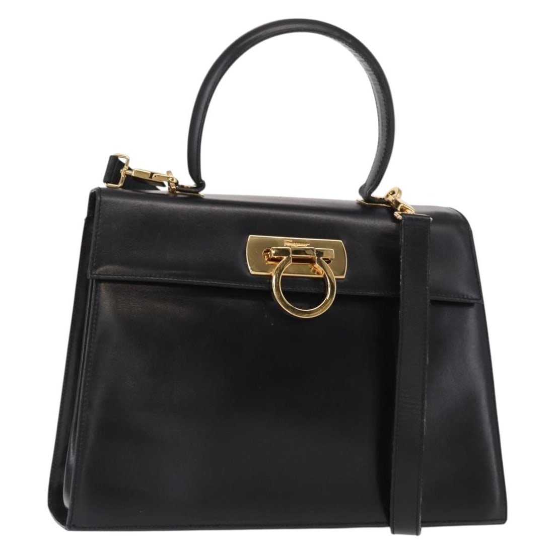 Black Leather Gancini Shoulder and Top Handle Bag by Salvatore Ferragamo: Black Leather Gancini Shoulder and Top Handle Bag by Salvatore Ferragamo This Salvatore Ferragamo Gancini handbag offers versatile 2-way styling and is crafted from black leather with gold-tone accent
