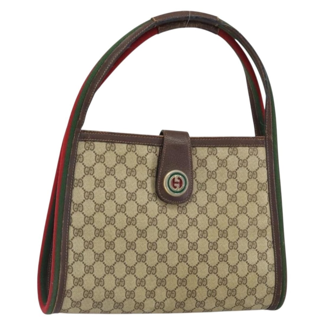 Gucci GG Supreme Beige Web Handbag PVC Leather Italy: Gucci GG Supreme Beige Web Handbag PVC Leather Italy This GUCCI GG Supreme Web Sherry Line hand bag features a beige and gold color scheme in PVC leather and GG canvas. The bag is designed with dual h