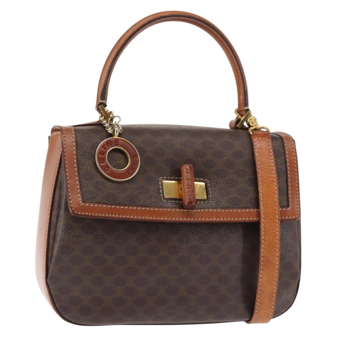 Authentic CELINE Macadam Canvas Hand Bag PVC Leather Brown Gold 2-Way Italy: Authentic CELINE Macadam Canvas Hand Bag PVC Leather Brown Gold 2-Way Italy This authentic CELINE Macadam Canvas Hand Bag combines style and functionality, crafted from durable PVC leather with a chic