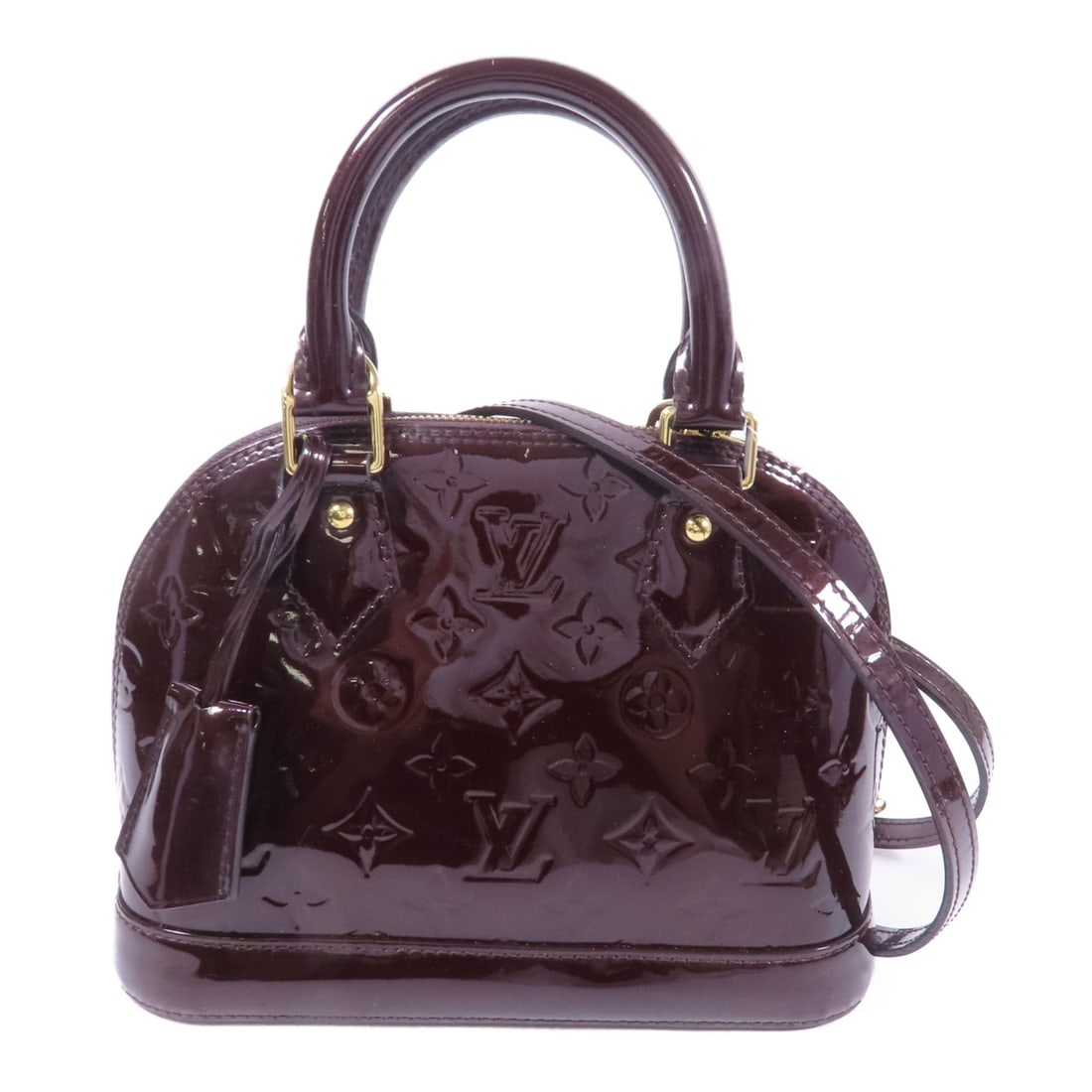 LOUIS VUITTON Alma BB 2 Way Shoulder Bag Patent Leather Burgundy: LOUIS VUITTON Alma BB 2 Way Shoulder Bag Patent Leather Burgundy This exquisite LOUIS VUITTON Alma BB handbag in a striking burgundy patent leather is a stylish accessory for any outfit. Designed as a
