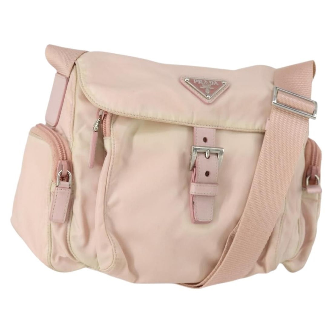 Prada Pink and Silver Nylon Shoulder Bag with Adjustable Strap: Prada Pink and Silver Nylon Shoulder Bag with Adjustable Strap This PRADA shoulder bag features a pink and silver nylon exterior and adjustable strap. Made in Italy, it offers a spacious interior with