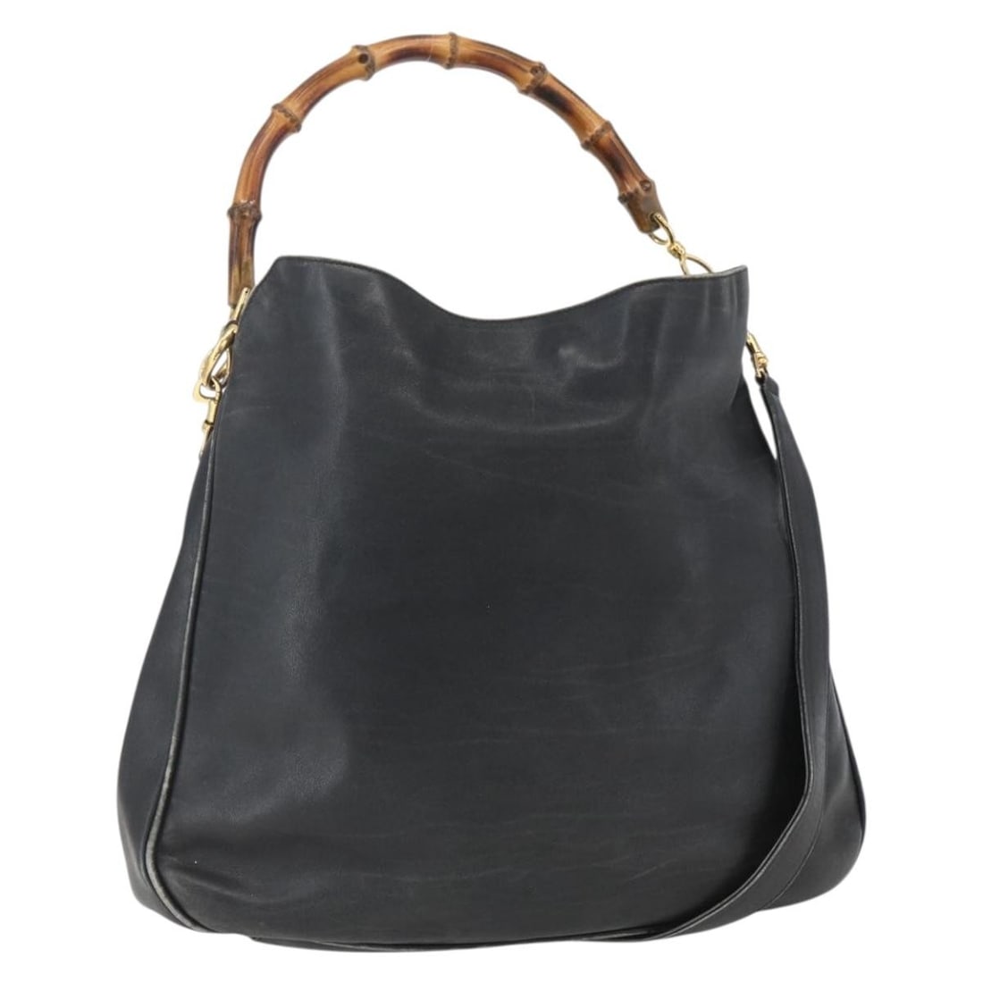 Black Leather Gucci Bamboo Shoulder and Handbag with Gold Accents 001 1577 2615: Black Leather Gucci Bamboo Shoulder and Handbag with Gold Accents 001 1577 2615 This is a Gucci Bamboo 2-way handbag crafted from black leather with gold-tone accents. The bag features both top handle