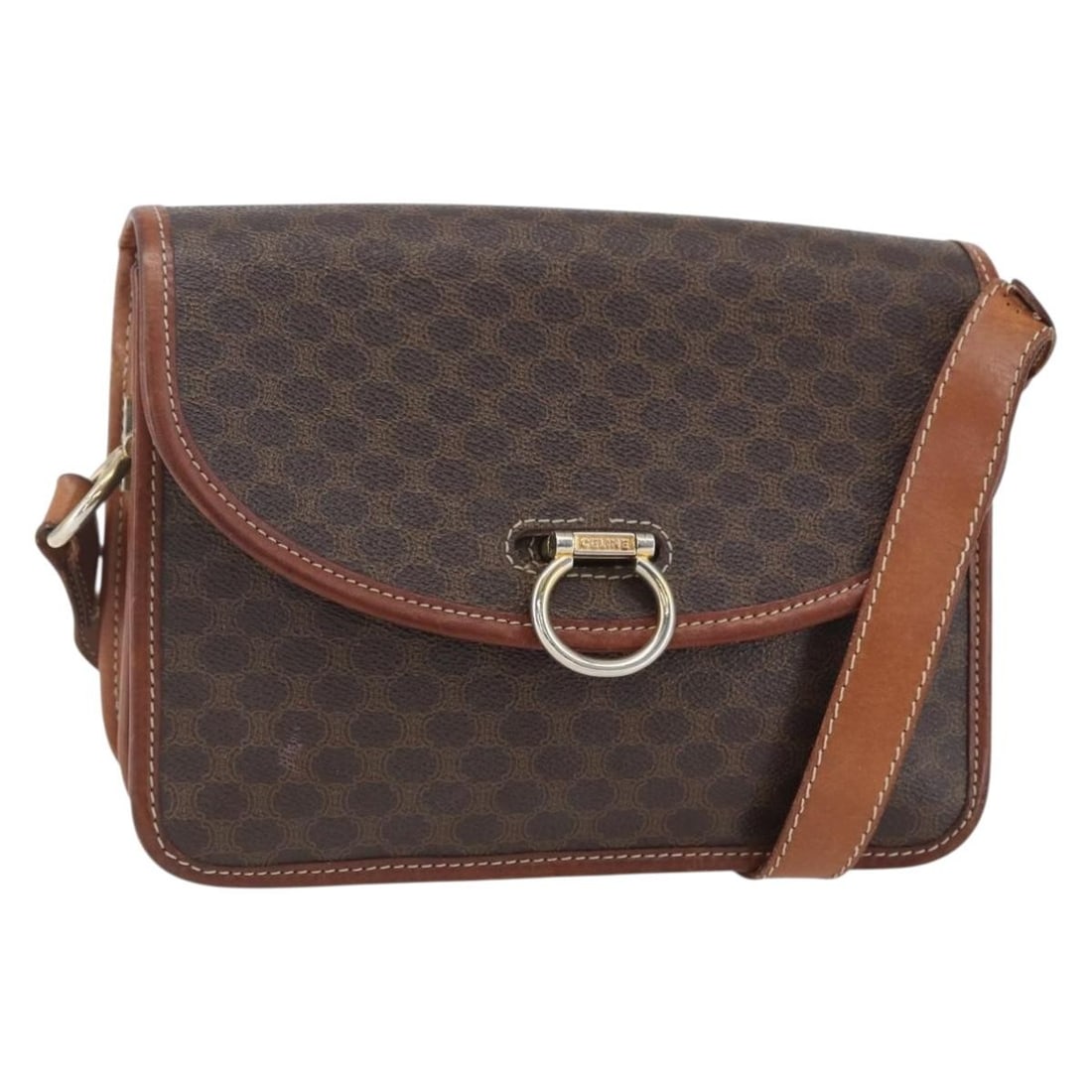 CELINE Macadam Canvas Brown Gold Shoulder Bag PVC Leather Auth: CELINE Macadam Canvas Brown Gold Shoulder Bag PVC Leather Auth This Celine Macadam Canvas Shoulder Bag is a stylish accessory crafted in Italy from durable PVC leather with Macadam canvas. The exterio