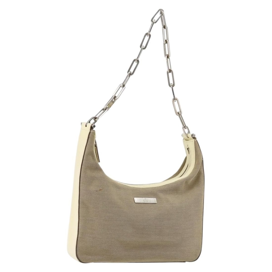 GUCCI Beige Silver Canvas Shoulder Bag Auth 001 3873 3754: GUCCI Beige Silver Canvas Shoulder Bag Auth 001 3873 3754 This GUCCI Chain Shoulder Bag is a stylish and functional accessory, crafted from durable canvas in a sophisticated beige and silver color sch
