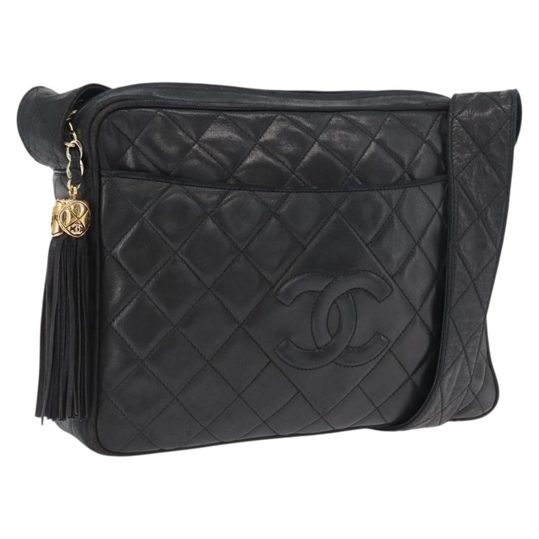 Chanel Black Lambskin Matelasse Shoulder Bag with Gold CC Logo: Chanel Black Lambskin Matelasse Shoulder Bag with Gold CC Logo This CHANEL Matelasse shoulder bag is crafted from black lambskin leather and features gold-tone accents with the signature CC logo. Desi