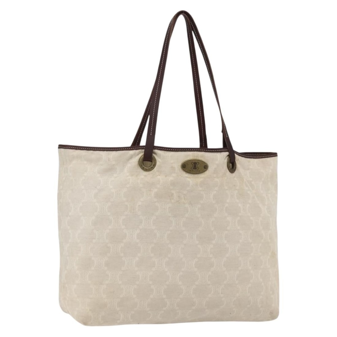 CELINE Paris Macadam Canvas Tote Bag Beige Gold Authentic 156134: CELINE Paris Macadam Canvas Tote Bag Beige Gold Authentic 156134 This elegant CELINE Paris Macadam Canvas Tote Bag showcases a beautiful beige and gold color scheme, crafted from durable canvas. Desig