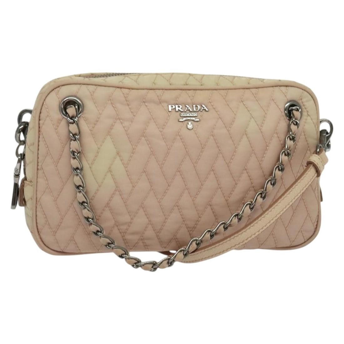 Authentic PRADA Pink Silver Nylon Chain Shoulder Bag 2way 129644: Authentic PRADA Pink Silver Nylon Chain Shoulder Bag 2way 129644 This authentic PRADA Chain Shoulder Bag combines style and practicality, crafted from durable nylon in an eye-catching pink and silver