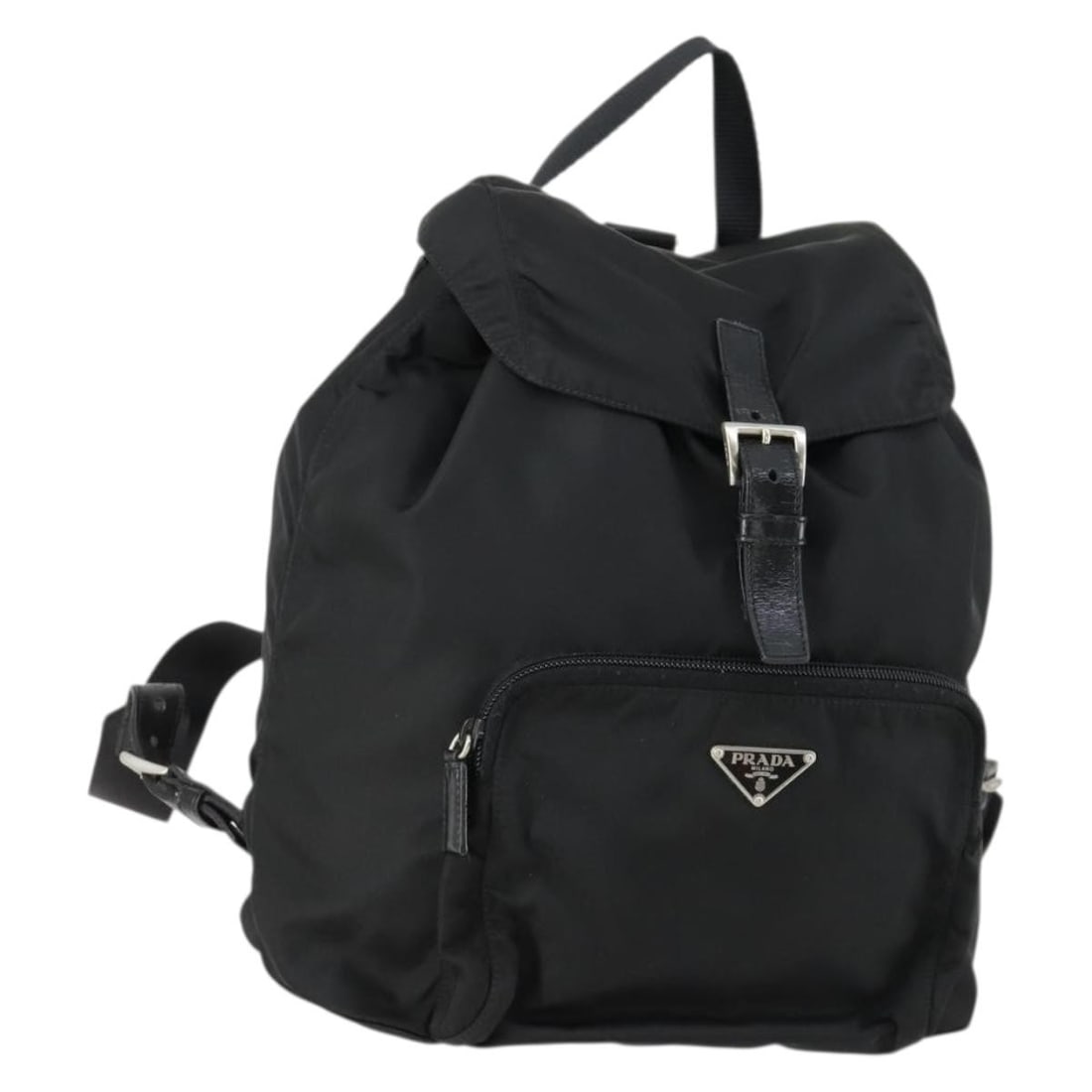 Black Nylon Prada Backpack with Silver Accents and Guarantee Card: Black Nylon Prada Backpack with Silver Accents and Guarantee Card This PRADA backpack is crafted from black nylon with silver-tone accents. Made in Italy, it features a spacious main compartment and m