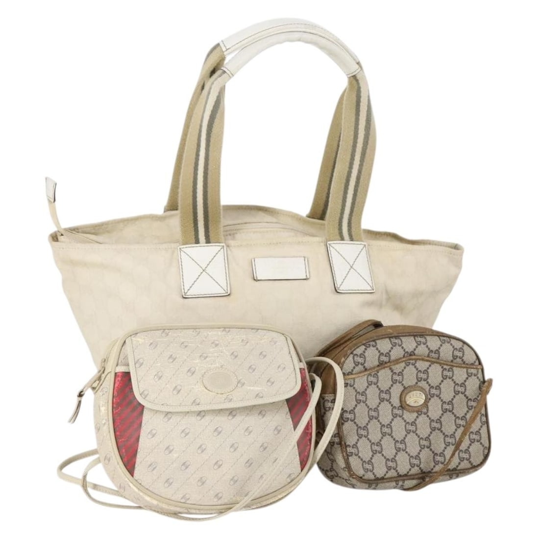 GUCCI GG Canvas Leather Shoulder Bag Set of 3 Beige Auth: GUCCI GG Canvas Leather Shoulder Bag Set of 3 Beige Auth This authentic GUCCI GG Canvas Shoulder Bag is a stylish accessory crafted from leather with a beige GG canvas exterior. Made in Italy, this sh