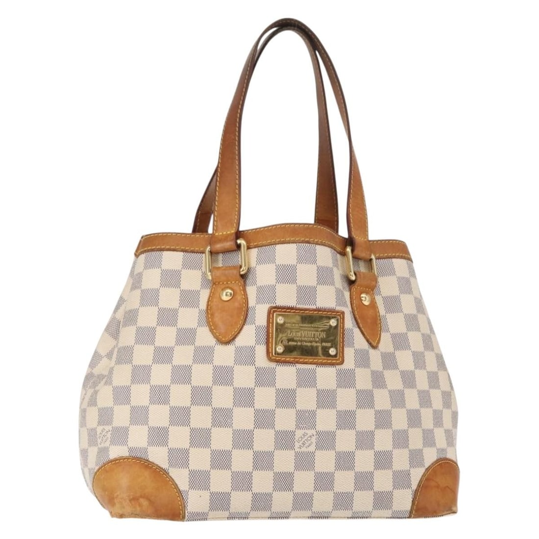 Louis Vuitton Hampstead PM Tote in Damier Azur Canvas N51207: Louis Vuitton Hampstead PM Tote in Damier Azur Canvas N51207 This Louis Vuitton Damier Azur Hampstead PM tote bag is crafted from Damier Azur canvas and was made in Spain. The bag features a spacious