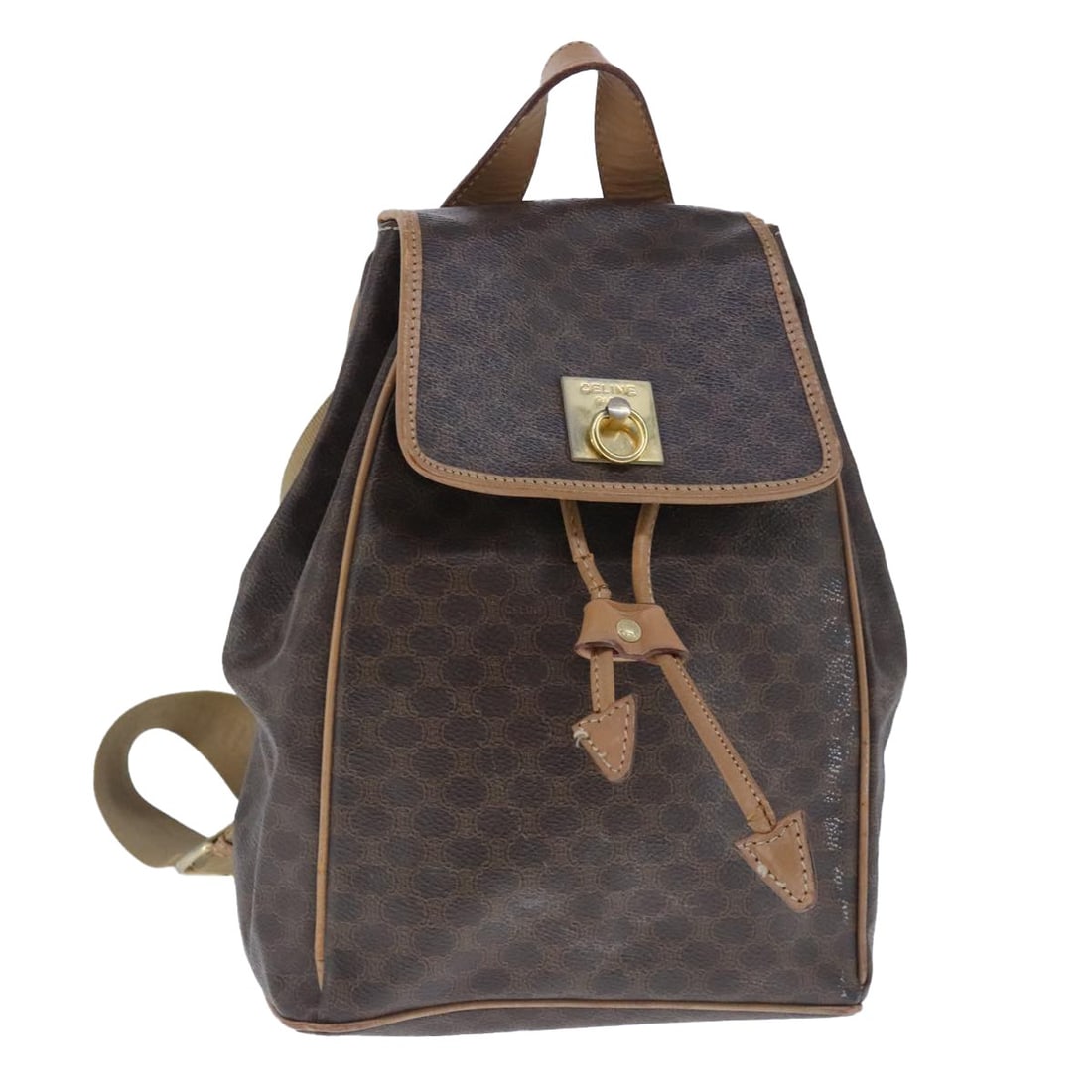 CELINE Authentic Macadam Canvas Backpack Brown Gold PVC Leather: CELINE Authentic Macadam Canvas Backpack Brown Gold PVC Leather This authentic CELINE Macadam Canvas Backpack is a stylish accessory crafted from durable PVC leather and features a chic brown and gold