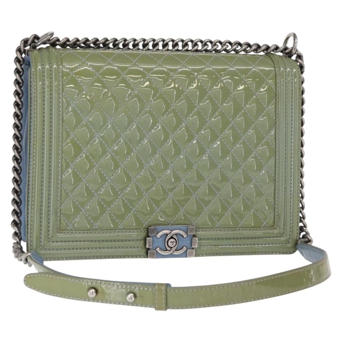 CHANEL Boy Shoulder Bag Green Blue Patent Leather Auth 152239 (1 of 18)