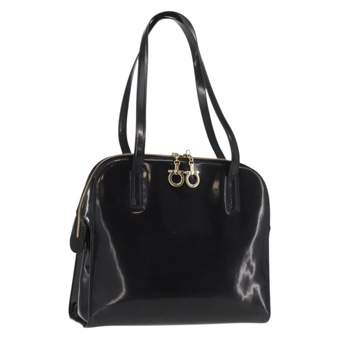 Salvatore Ferragamo Gancini Tote Bag Black Gold Patent Leather Italy Auth: Salvatore Ferragamo Gancini Tote Bag Black Gold Patent Leather Italy Auth This elegant Salvatore Ferragamo Gancini Tote Bag showcases a striking combination of black patent leather and gold accents, e