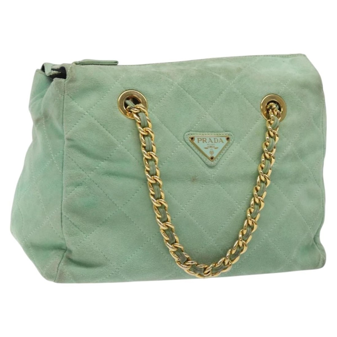 PRADA Peppermint Suede Chain Hand Bag Gold Accents Italy Auth BA2253: PRADA Peppermint Suede Chain Hand Bag Gold Accents Italy Auth BA2253 This PRADA Chain Hand Bag showcases a stunning peppermint and gold color combination, crafted from high-quality suede. The bag meas