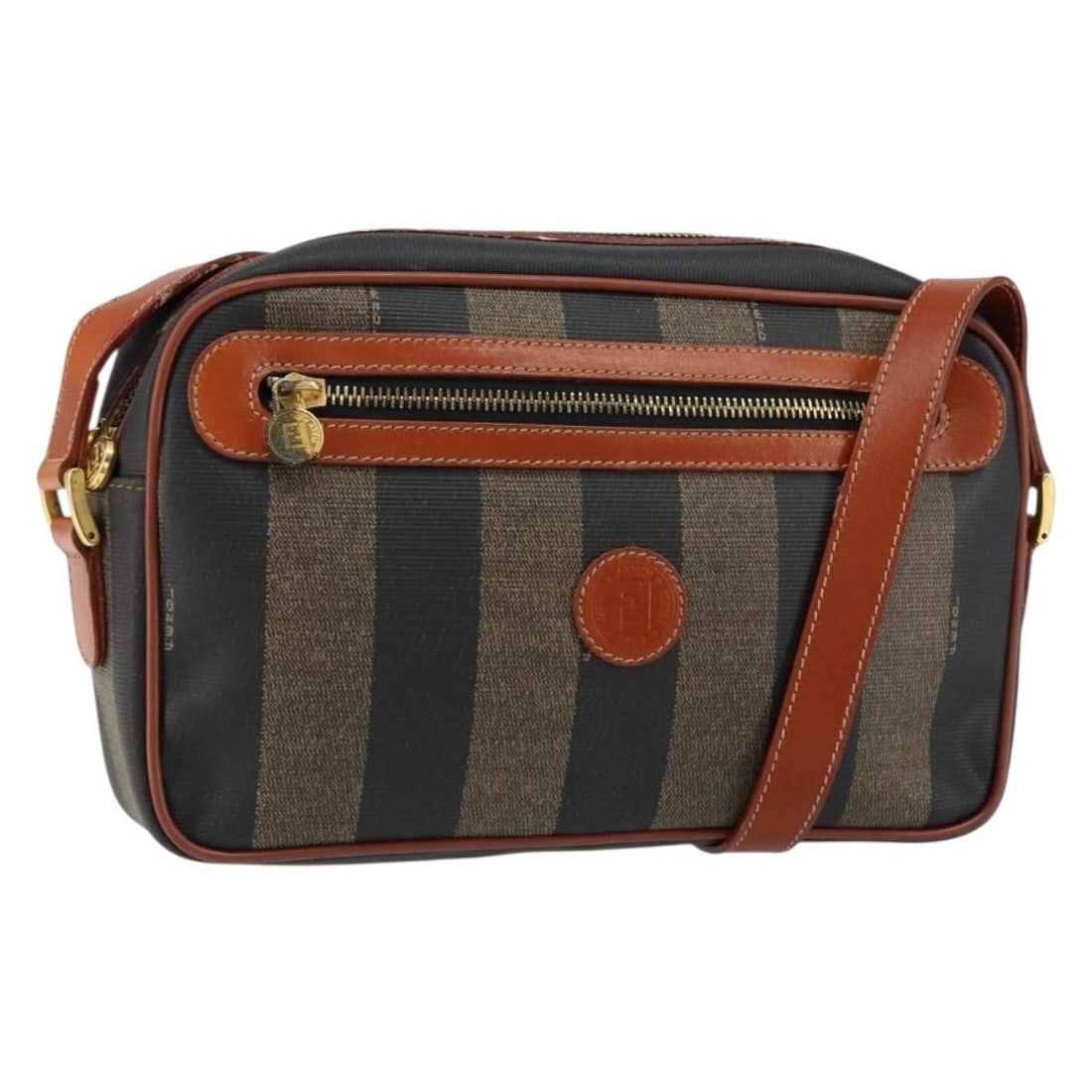 FENDI Pecan Canvas Shoulder Bag PVC Black Brown Gold Authentic: FENDI Pecan Canvas Shoulder Bag PVC Black Brown Gold Authentic This Fendi Shoulder Bag showcases a chic blend of style and functionality, crafted from durable PVC leather with Pequin canvas accents. T