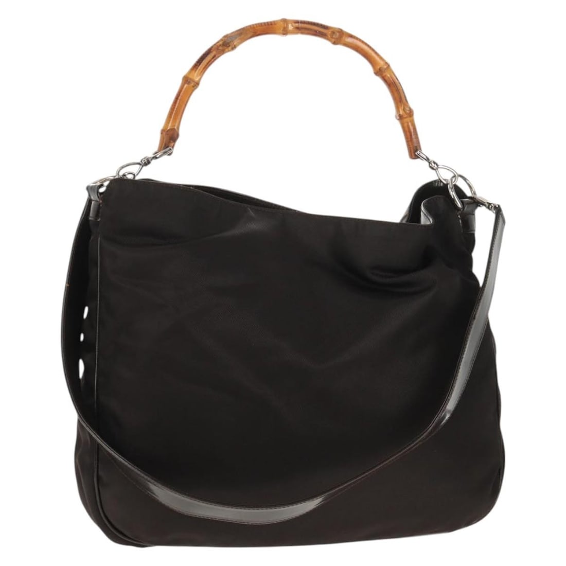 GUCCI Brown Nylon Bamboo Hand Bag 2way Made in Italy: GUCCI Brown Nylon Bamboo Hand Bag 2way Made in Italy This chic Gucci Bamboo Hand Bag is expertly crafted in Italy from durable nylon in a rich brown hue. Featuring a spacious interior, this stylish ha