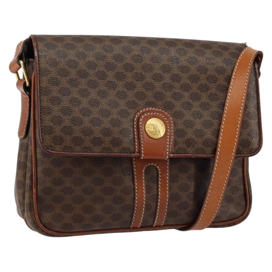 CELINE Brown PVC Leather Macadam Canvas Shoulder Bag Italy: CELINE Brown PVC Leather Macadam Canvas Shoulder Bag Italy This CELINE Macadam Canvas Shoulder Bag is a blend of style and functionality, crafted in Italy from durable PVC leather and Macadam canvas.