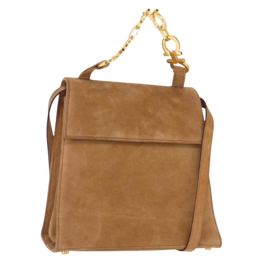 Beige Suede Gancini Shoulder and Handbag by Salvatore Ferragamo: Beige Suede Gancini Shoulder and Handbag by Salvatore Ferragamo This Salvatore Ferragamo Gancini handbag features a beige suede exterior with gold accents. Designed for versatile use, it can be carrie