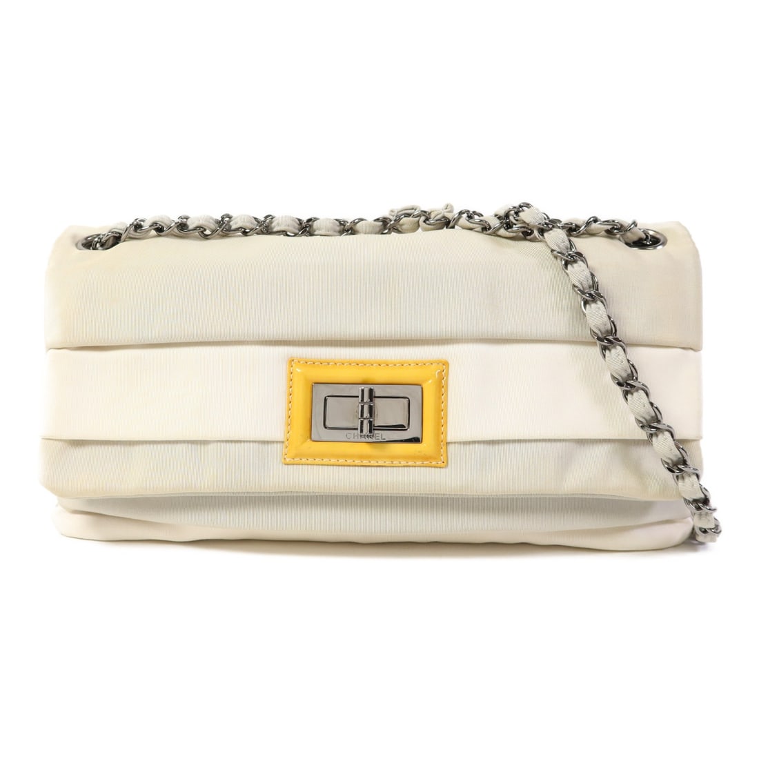 CHANEL CC SHW Gray White Nylon Shoulder Bag: CHANEL CC SHW Gray White Nylon Shoulder Bag This CHANEL shoulder bag combines style and functionality, crafted from durable gray nylon. The bag features a sleek design with a silver hardware chain str