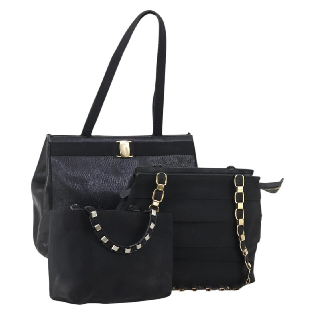 Salvatore Ferragamo Vala Black Leather Canvas Shoulder Bag Set of 3 Authentic: Salvatore Ferragamo Vala Black Leather Canvas Shoulder Bag Set of 3 Authentic Introducing the Salvatore Ferragamo Vala Bag, a luxurious shoulder bag crafted from premium leather in a classic black col