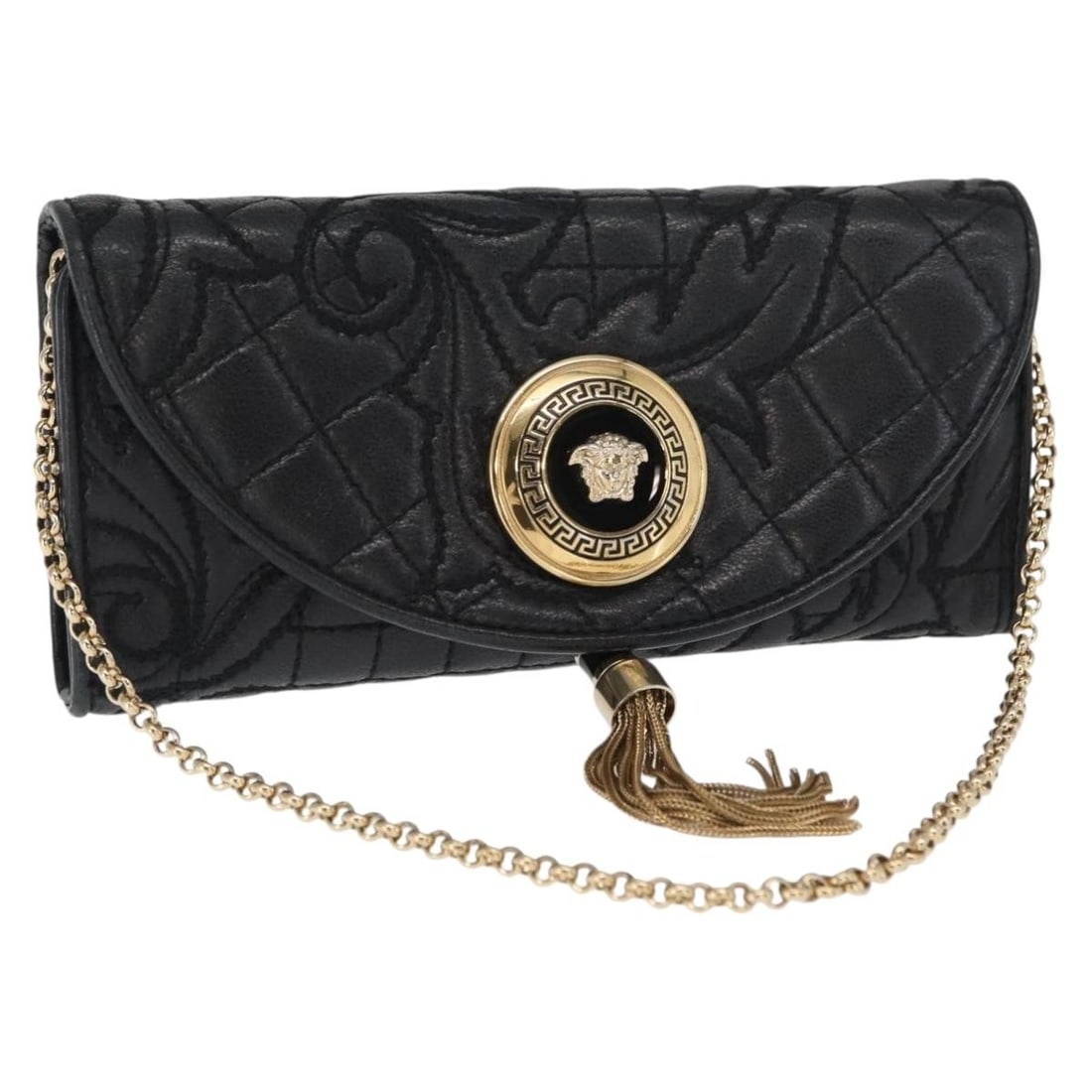 Gianni Versace Black Leather Chain Shoulder Wallet Bag Gold Accent: Gianni Versace Black Leather Chain Shoulder Wallet Bag Gold Accent This Gianni Versace shoulder bag is crafted from black leather with gold-tone accents. The compact chain wallet design features a sho