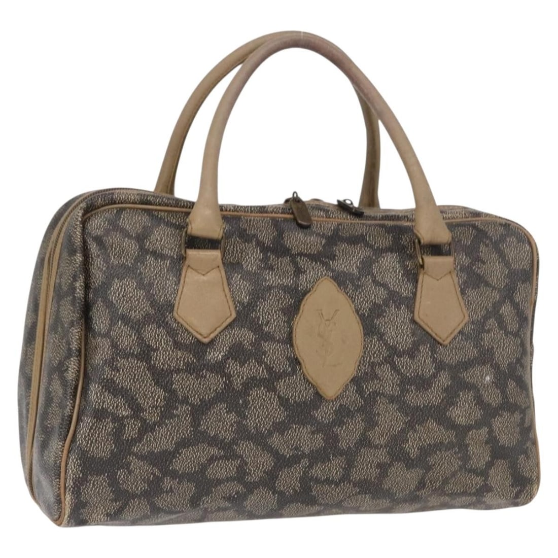 Saint Laurent Beige Gray PVC Leather Boston Bag with Dual Handles: Saint Laurent Beige Gray PVC Leather Boston Bag with Dual Handles This Saint Laurent Boston bag features a beige and gray PVC leather exterior with a structured silhouette. The bag includes dual handl