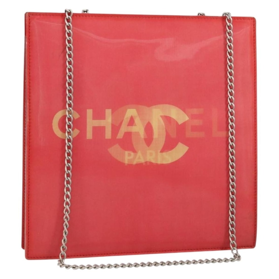CHANEL Red Vinyl Shoulder Bag with Silver CC Authentic: CHANEL Red Vinyl Shoulder Bag with Silver CC Authentic This authentic CHANEL Chain Shoulder Bag is a stylish accessory crafted in France. Made from durable vinyl, it features a striking red and silver