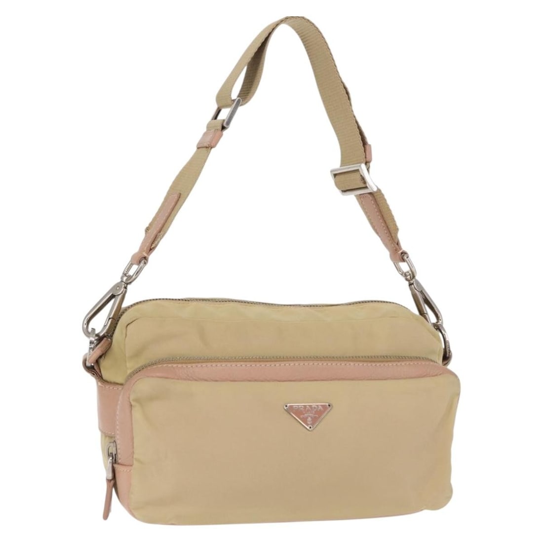 PRADA Beige Silver Nylon Shoulder Bag Authentic 151605: PRADA Beige Silver Nylon Shoulder Bag Authentic 151605 Elevate your style with this authentic PRADA shoulder bag, crafted in Italy from durable nylon in a chic beige and silver colorway. With a compac
