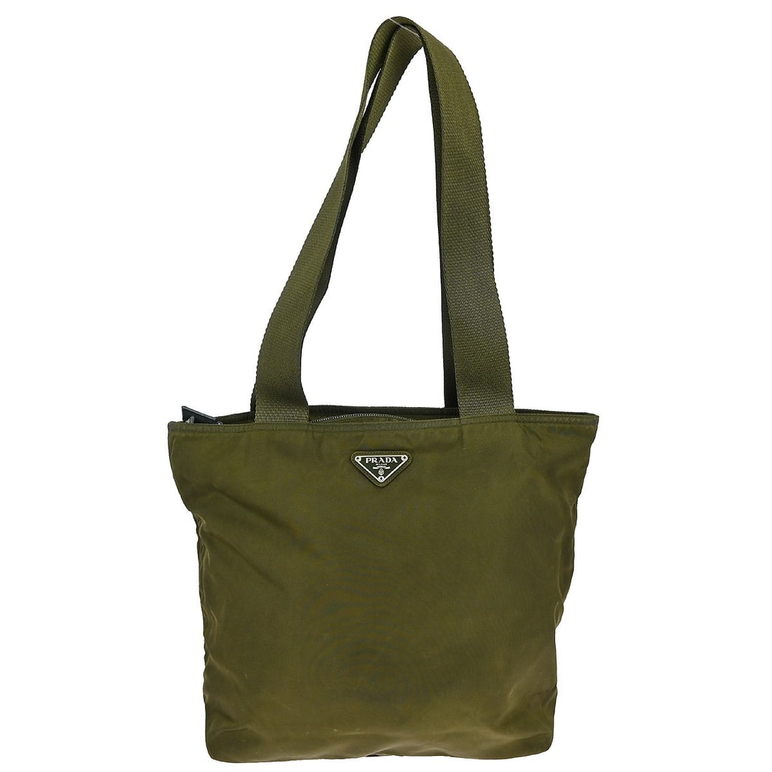 Prada Khaki Nylon Medium Top Handle Bag B5880 with Black Straps: Prada Khaki Nylon Medium Top Handle Bag B5880 with Black Straps This Prada khaki nylon top handle bag features a medium-sized silhouette with black nylon handles and leather and nylon exterior. Design