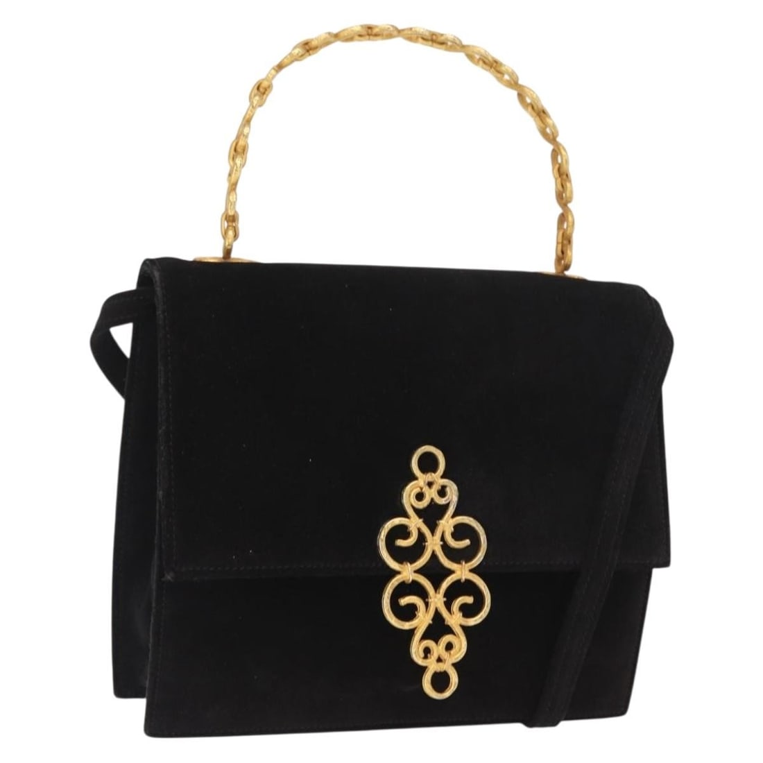 Celine Black Suede 2way Handbag with Gold Accents and Shoulder Strap: Celine Black Suede 2way Handbag with Gold Accents and Shoulder Strap This CELINE handbag offers a versatile 2-way design in black and gold suede. Made in Italy, it features both a top handle and a det