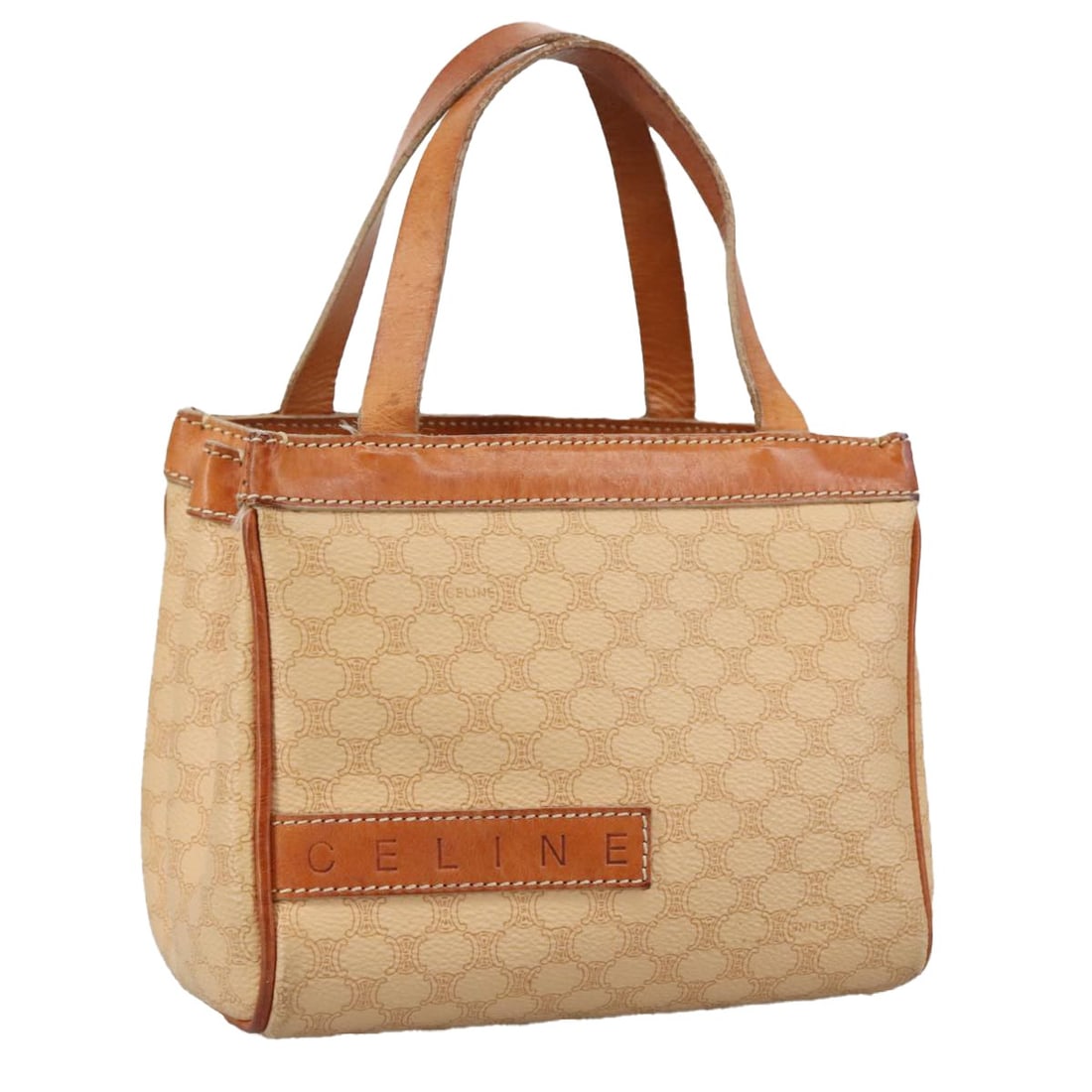 CELINE Macadam Canvas Hand Bag Beige Brown Gold PVC Leather Italy Auth 108393: CELINE Macadam Canvas Hand Bag Beige Brown Gold PVC Leather Italy Auth 108393 This authentic CELINE Macadam Canvas Hand Bag features a sophisticated blend of PVC leather in shades of beige, brown, and
